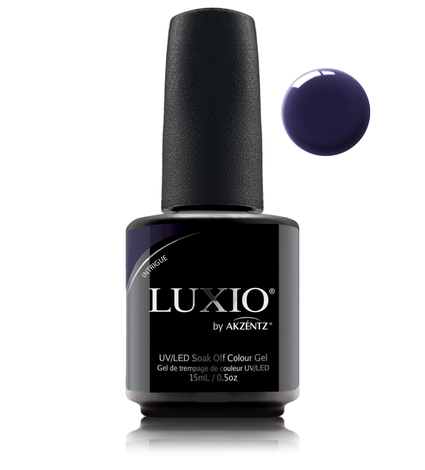 Akzentz Luxio Intrigue 15 mL color gel bottle with swatch