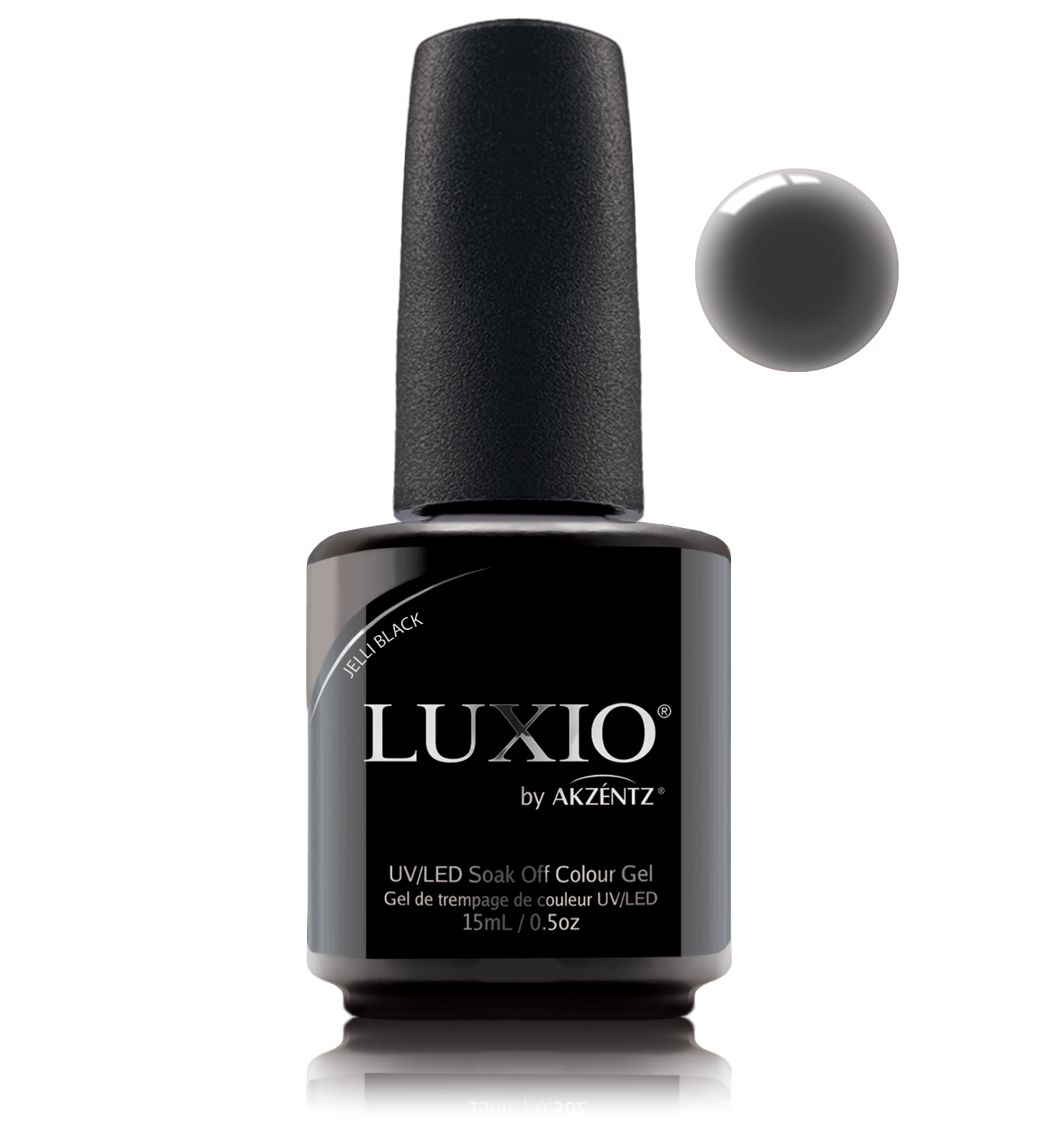 Akzentz Luxio Jelli Black 15 mL color gel bottle with swatch