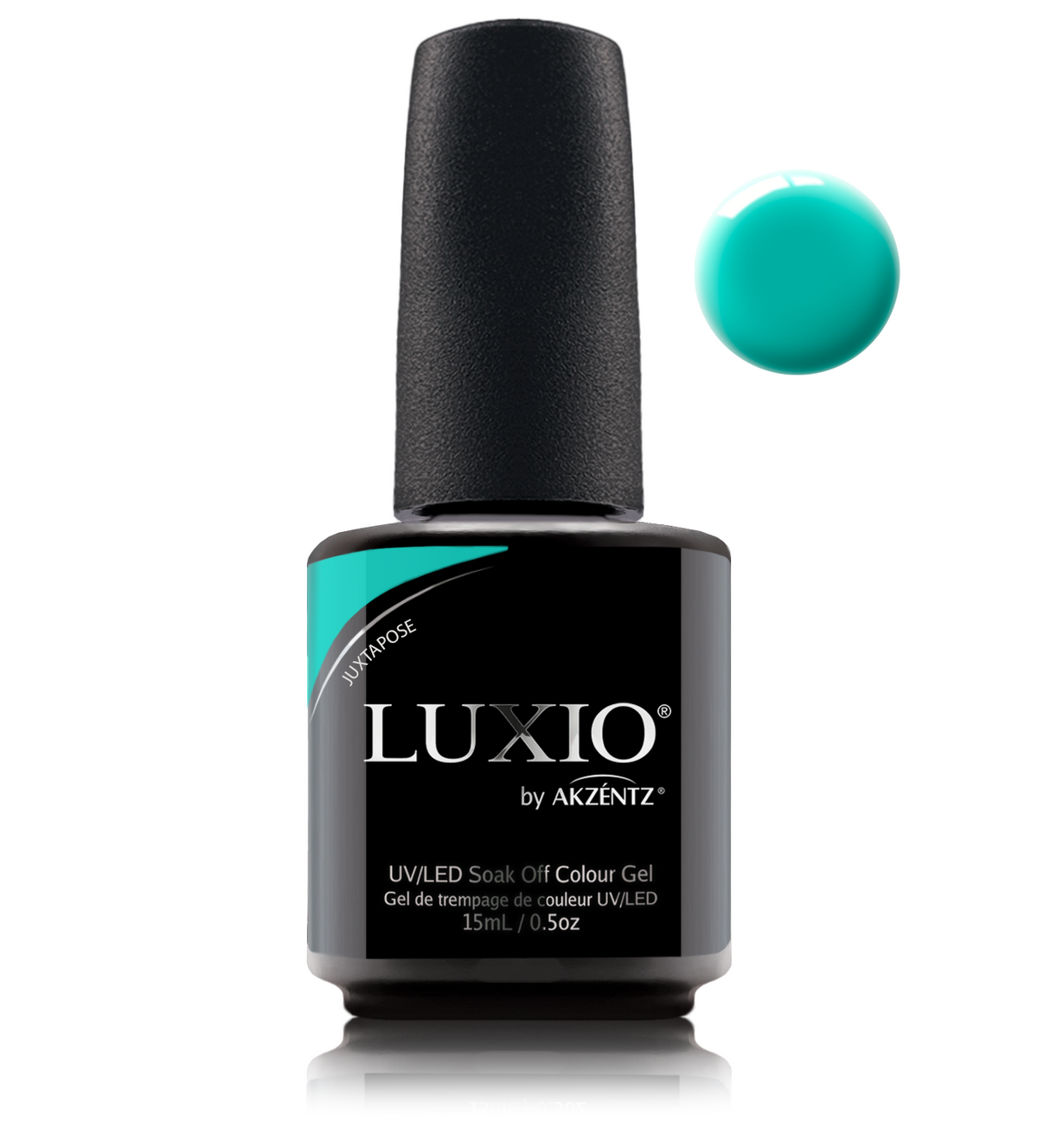 Akzentz Luxio Juxtapose 15 mL color gel bottle with matching small round color swatch