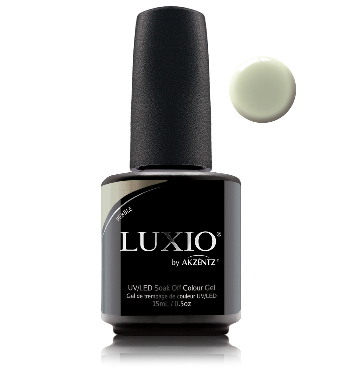 Akzentz Luxio Pebble 15 mL color gel bottle with matching small round color swatch