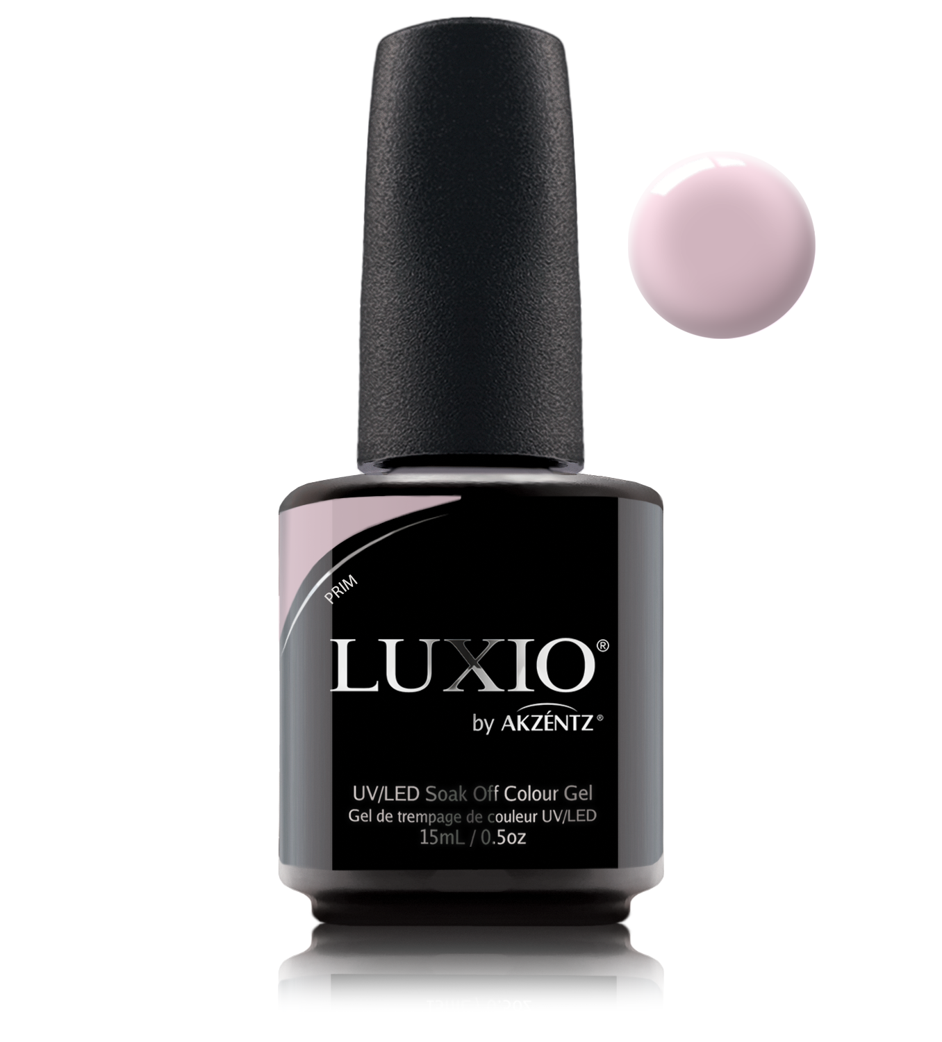 Akzentz Luxio Prim 15 mL color gel bottle with matching small round color swatch
