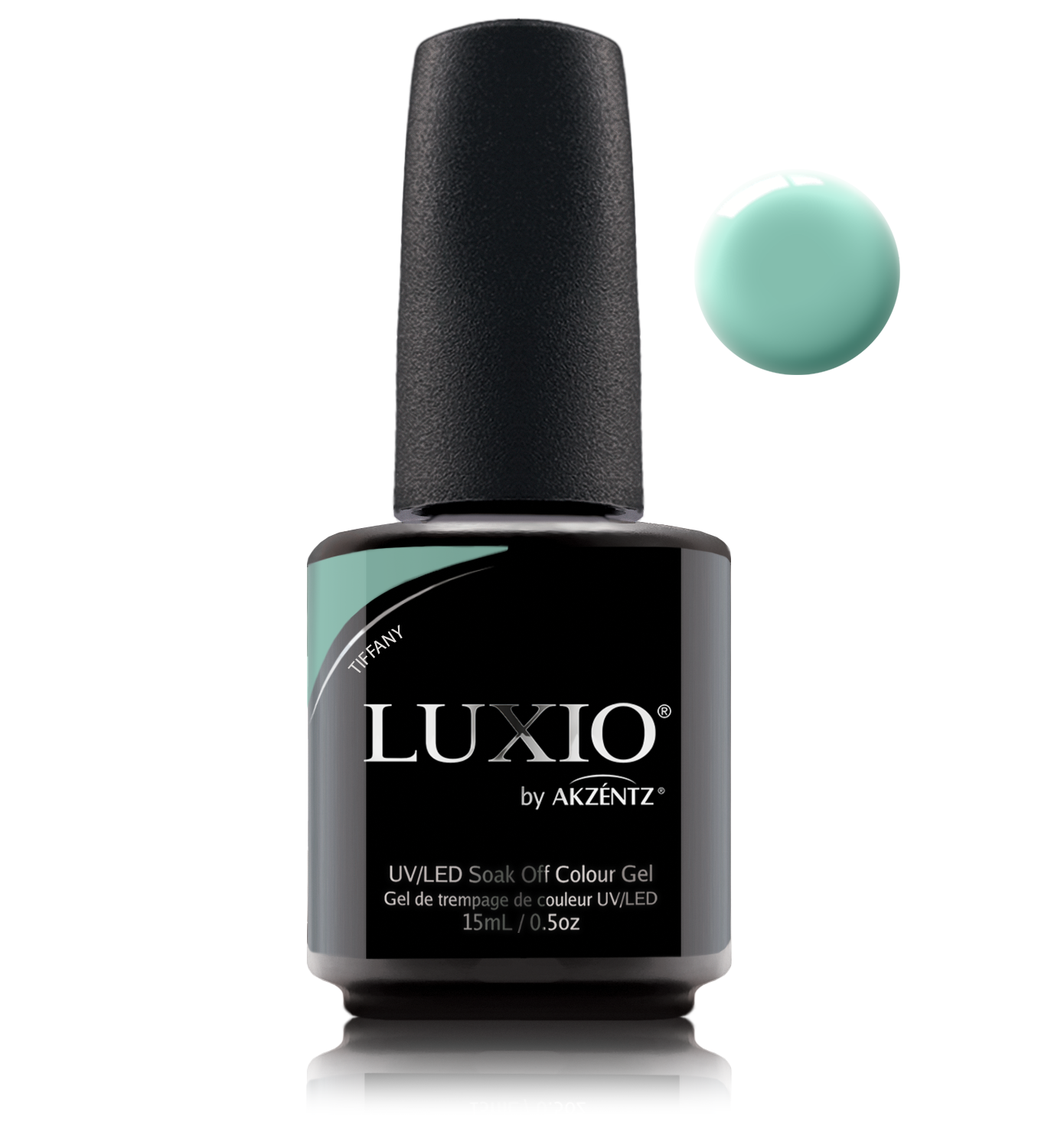 Akzentz Luxio Tiffany 15 mL color gel bottle with matching small round color swatch