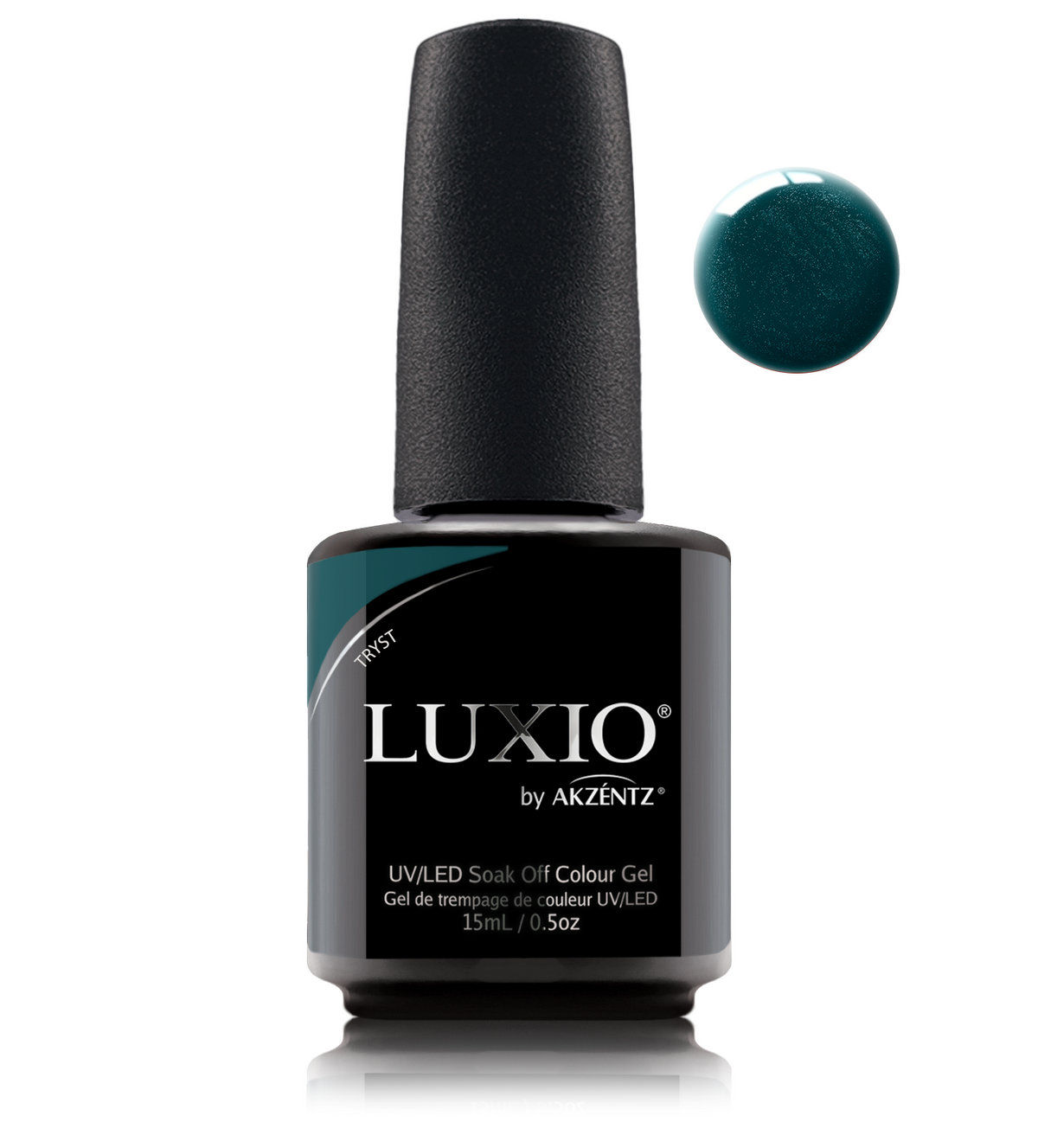 Akzentz Luxio Tryst 15 mL color gel bottle with matching small round color swatch
