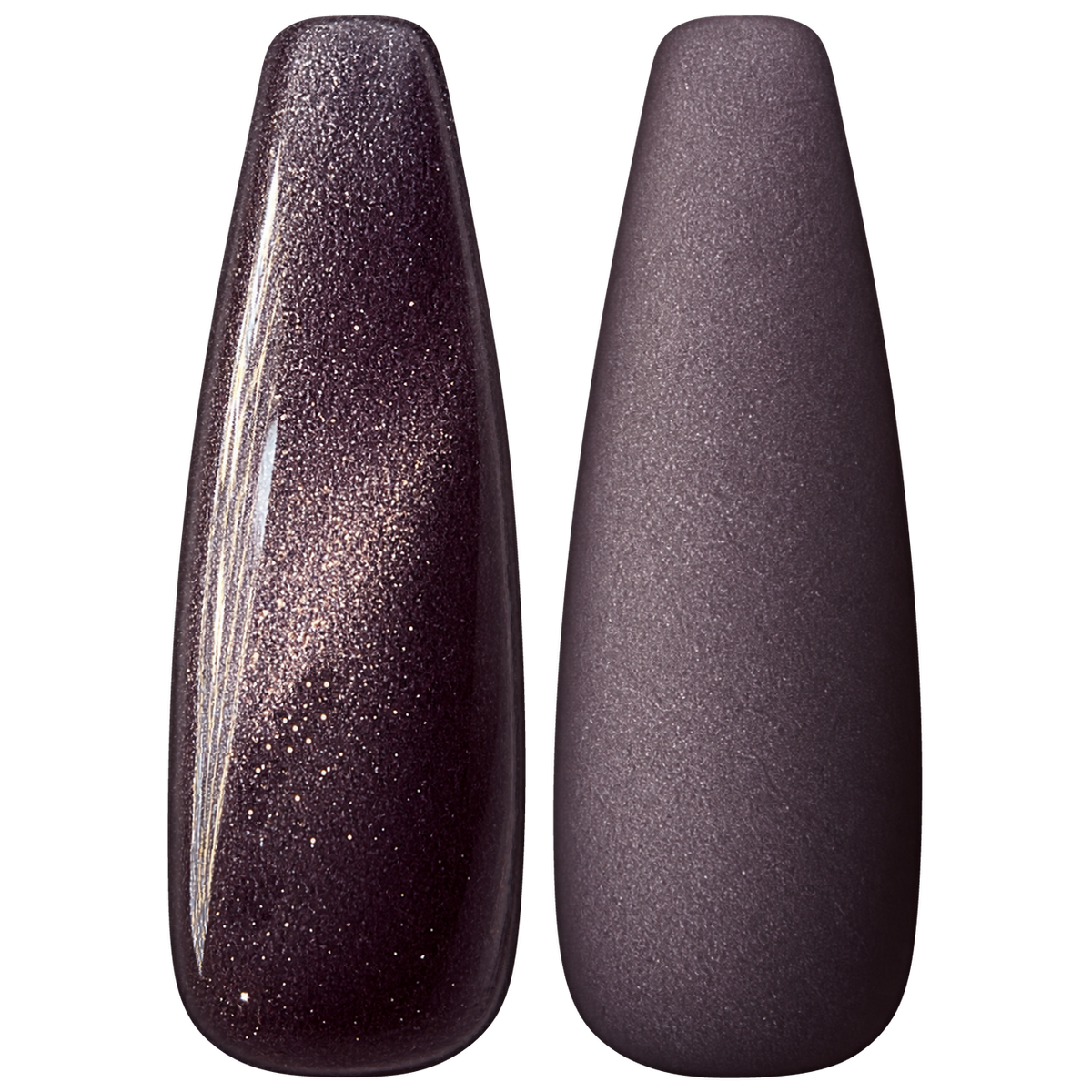 Glossy and matte Muted violet purple nail swatches for BEMI Cat Eye Skyler.