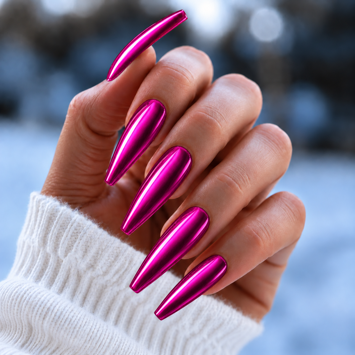 BEMI Chrome Chroma Fuchsia nails in a color photo.