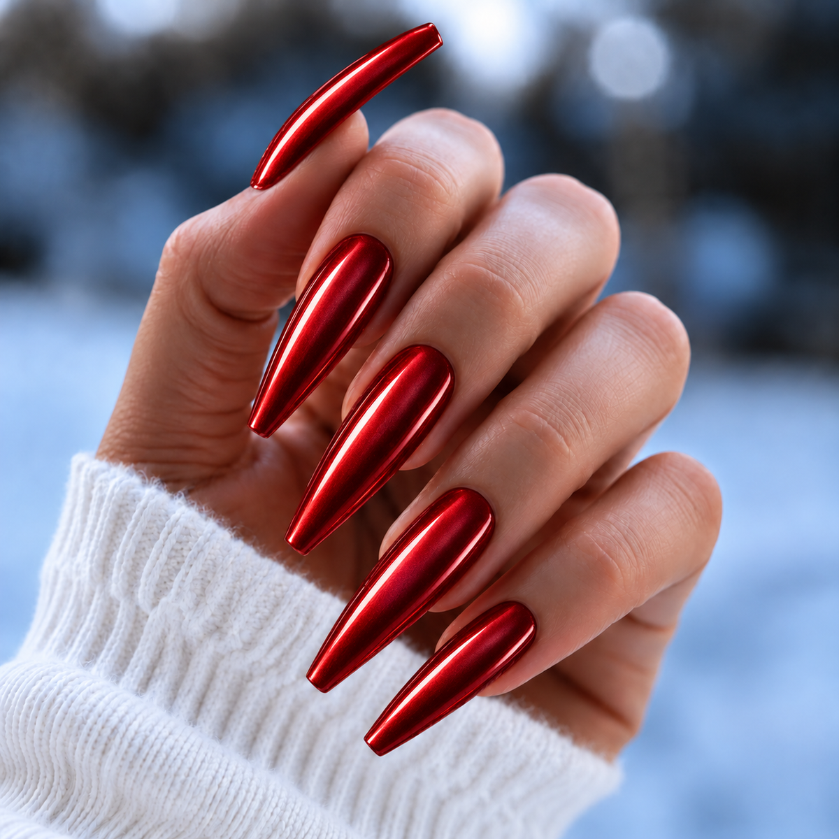 BEMI Chrome Chroma Red nails in a color photo.