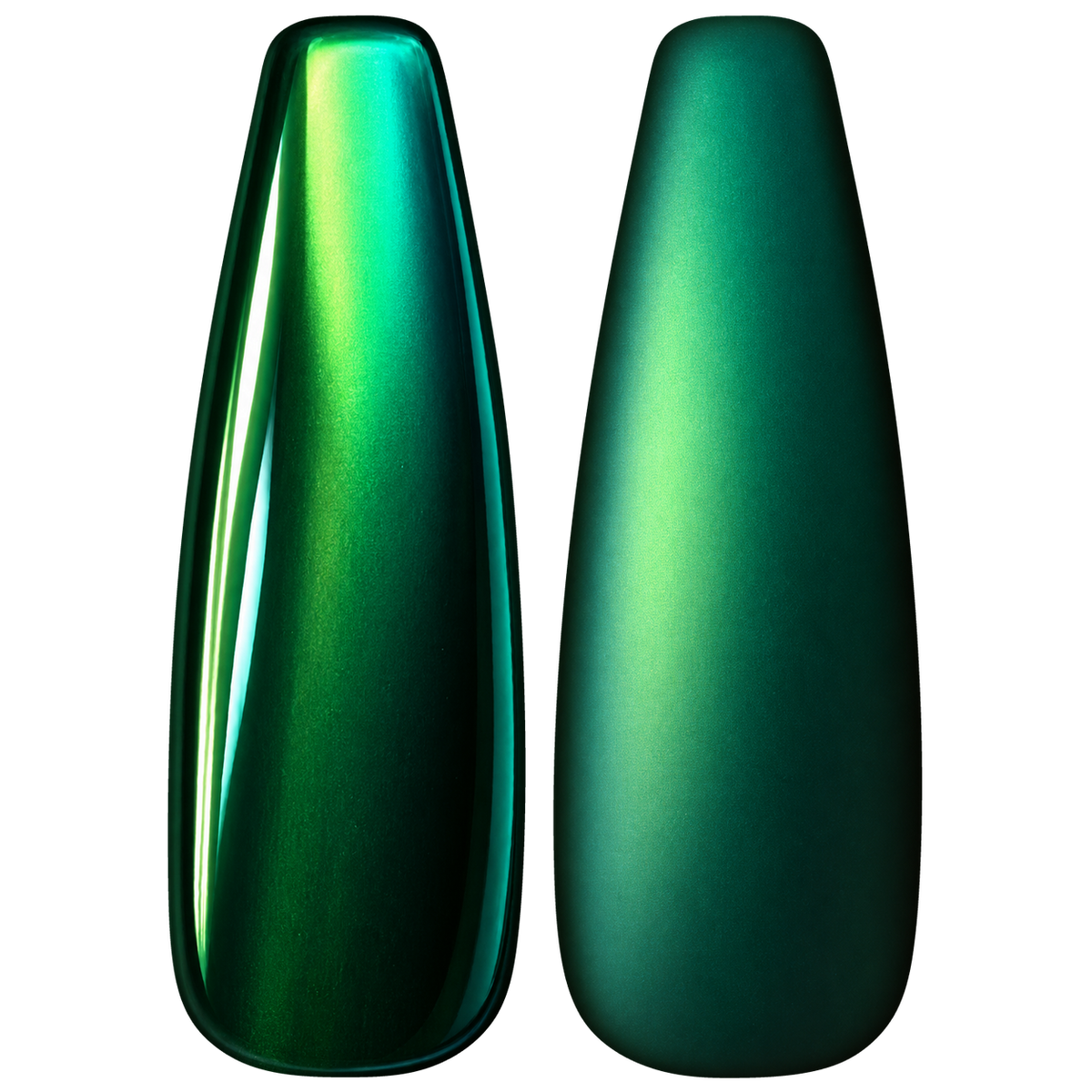 Glossy and matte Rich emerald green nail swatches for BEMI Chrome Flora.