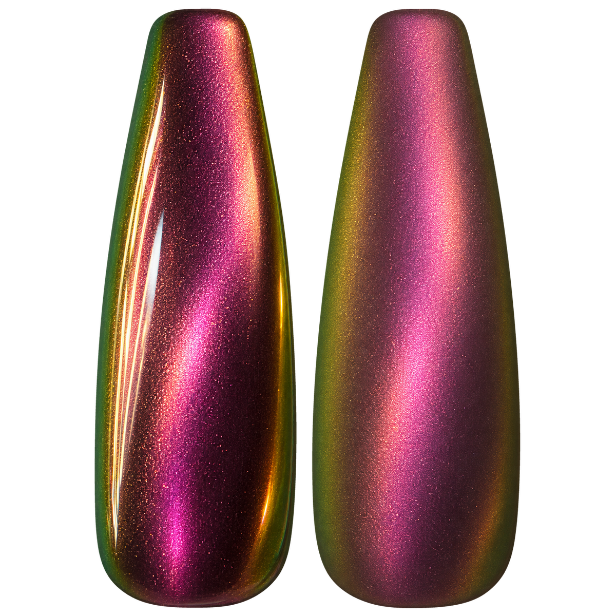 Glossy and matte Rose pink with bronze and green shifts nail swatches for BEMI Chrome Iris.