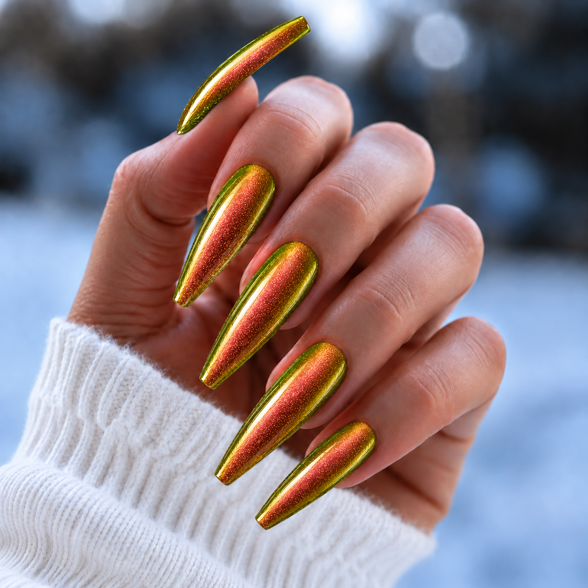 BEMI Chrome Lustre nails in a color photo.