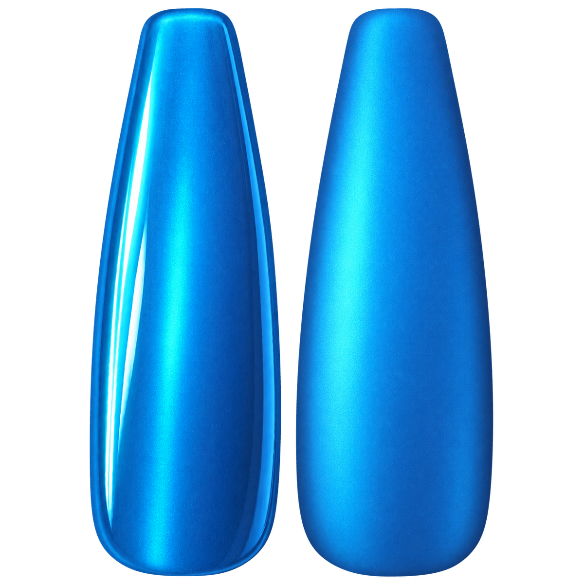 Glossy and matte Bright cyan blue nail swatches for BEMI Chrome Neo Blue.
