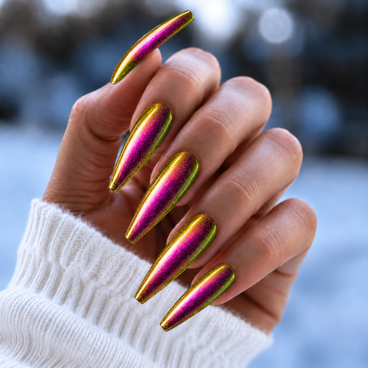 BEMI Chrome Prism nails in a color photo.