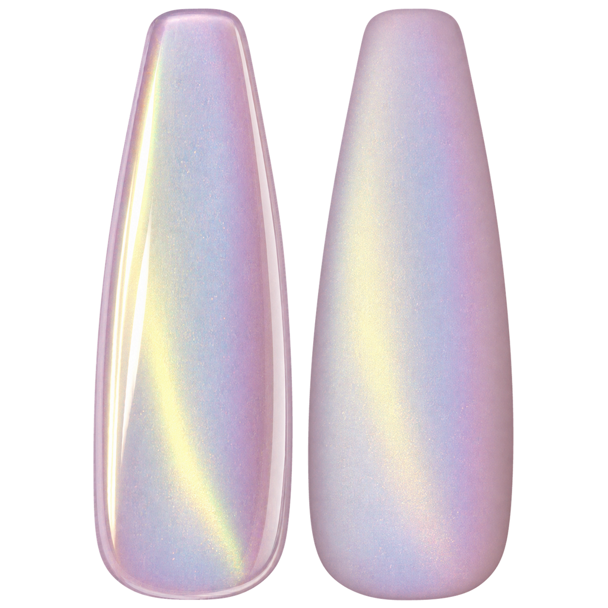 Glossy and matte Pearly white with soft rainbow shifts nail swatches for BEMI Chrome Unicorn.