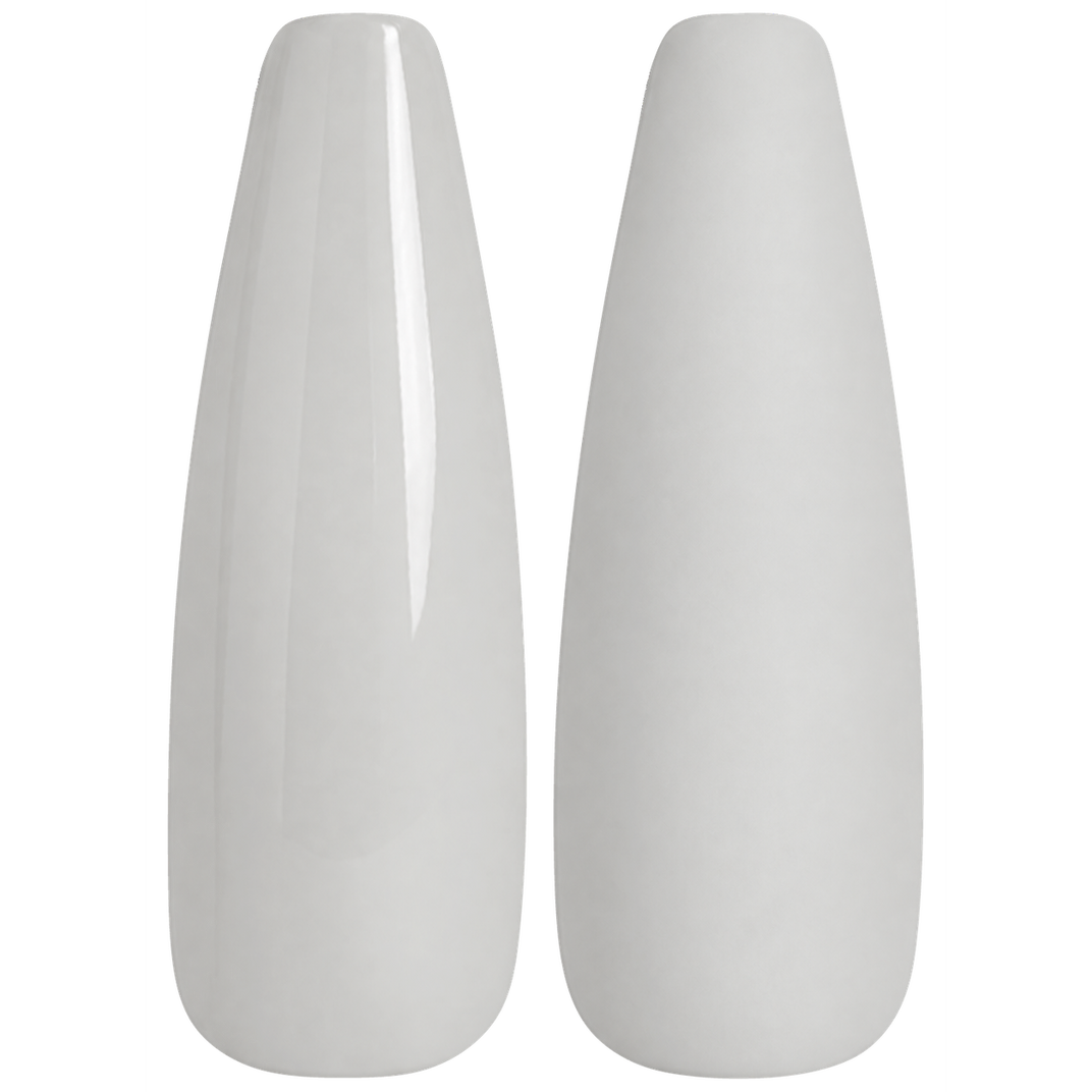 Glossy and matte pale stone greige nail swatches for BEMI Creami Cashmere F03.