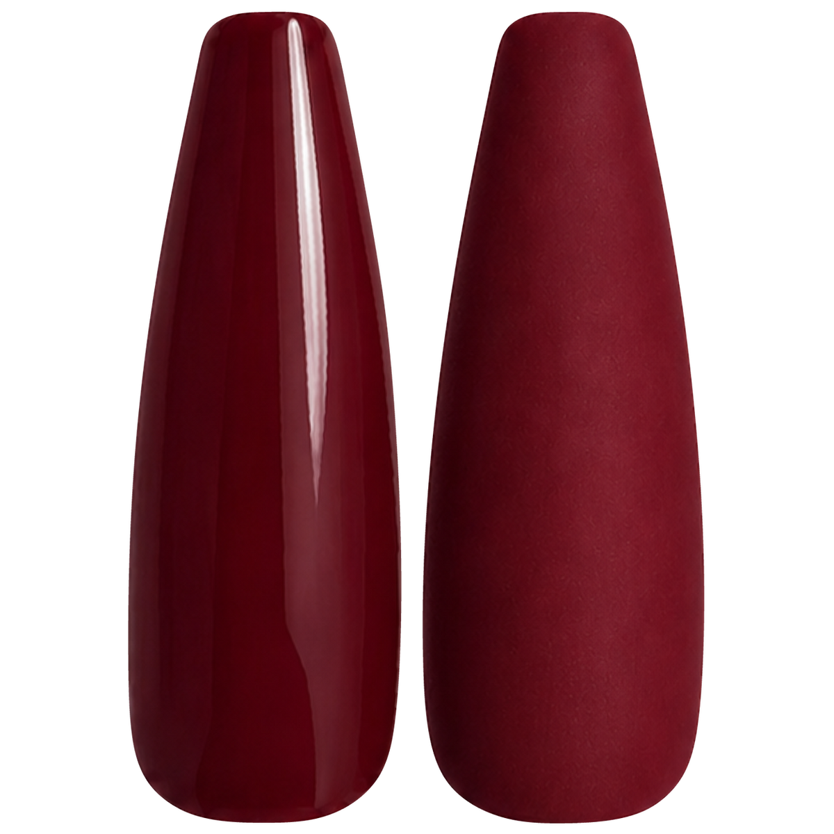 Glossy and matte dark wine red nail swatches for BEMI Creami Roulette R04.