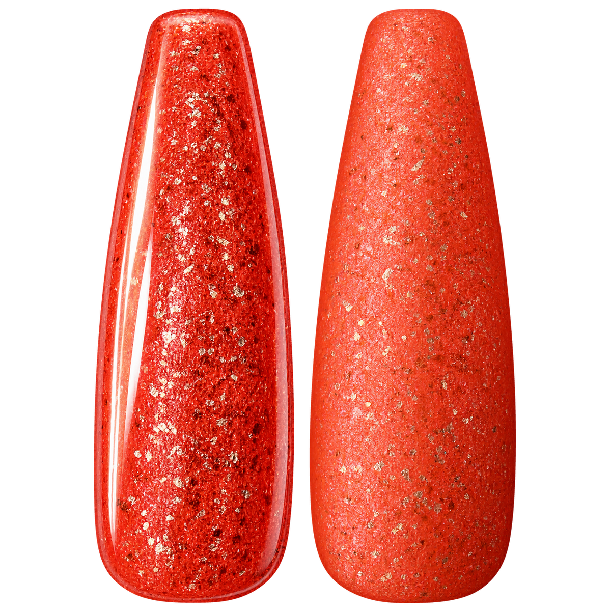 Glossy and matte Red-orange coral nail swatches for BEMI Metal Leaf Flamingo.