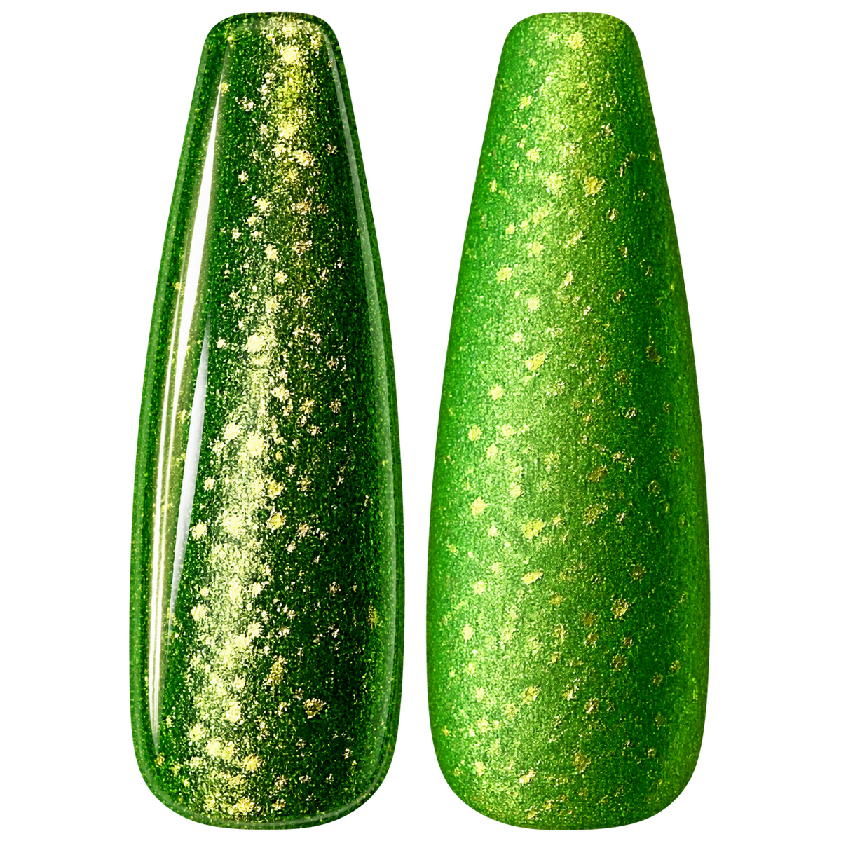Glossy and matte Vivid lime green nail swatches for BEMI Metal Leaf Limelight.