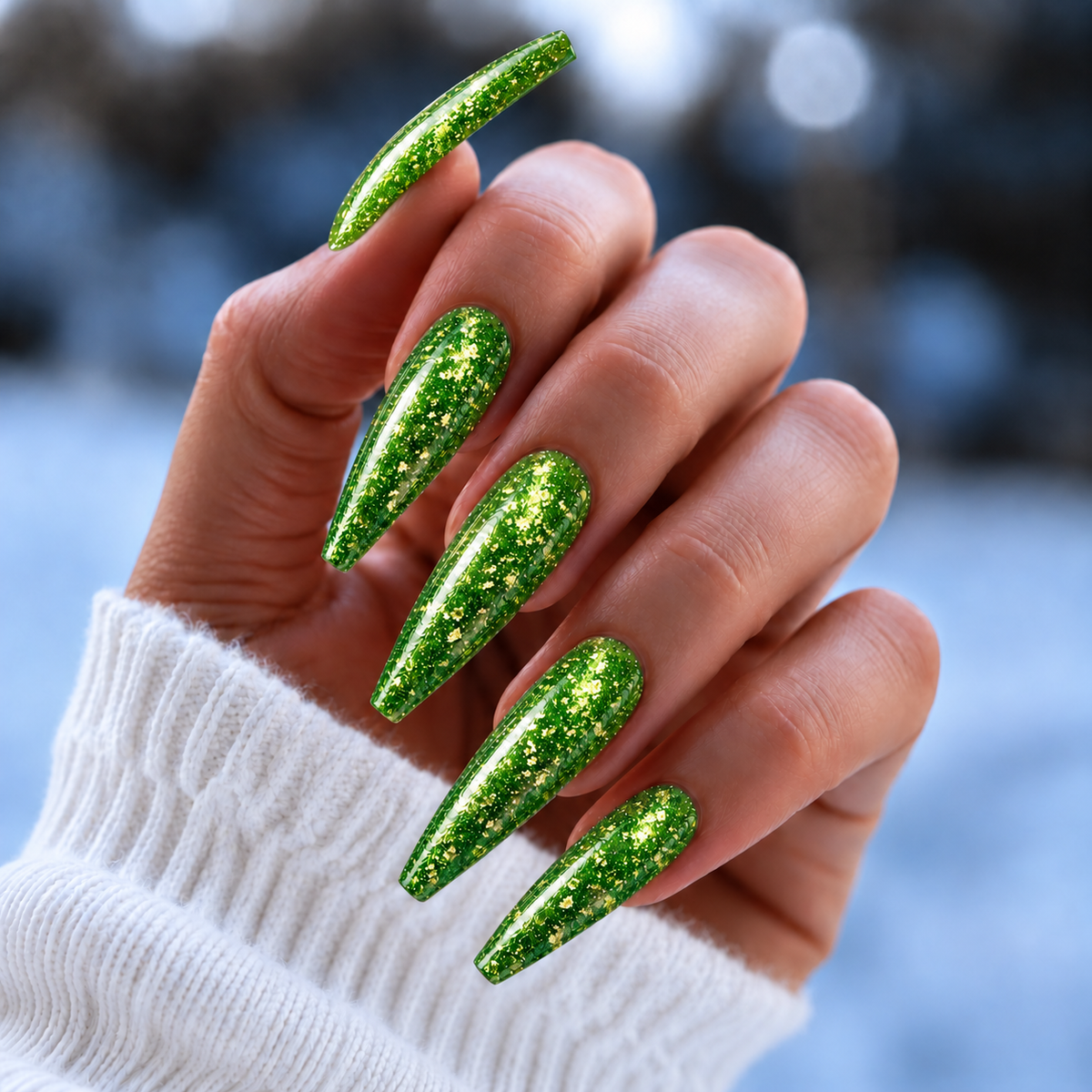 BEMI Metal Leaf Gel - Limelight - 5ml shown on long coffin nails