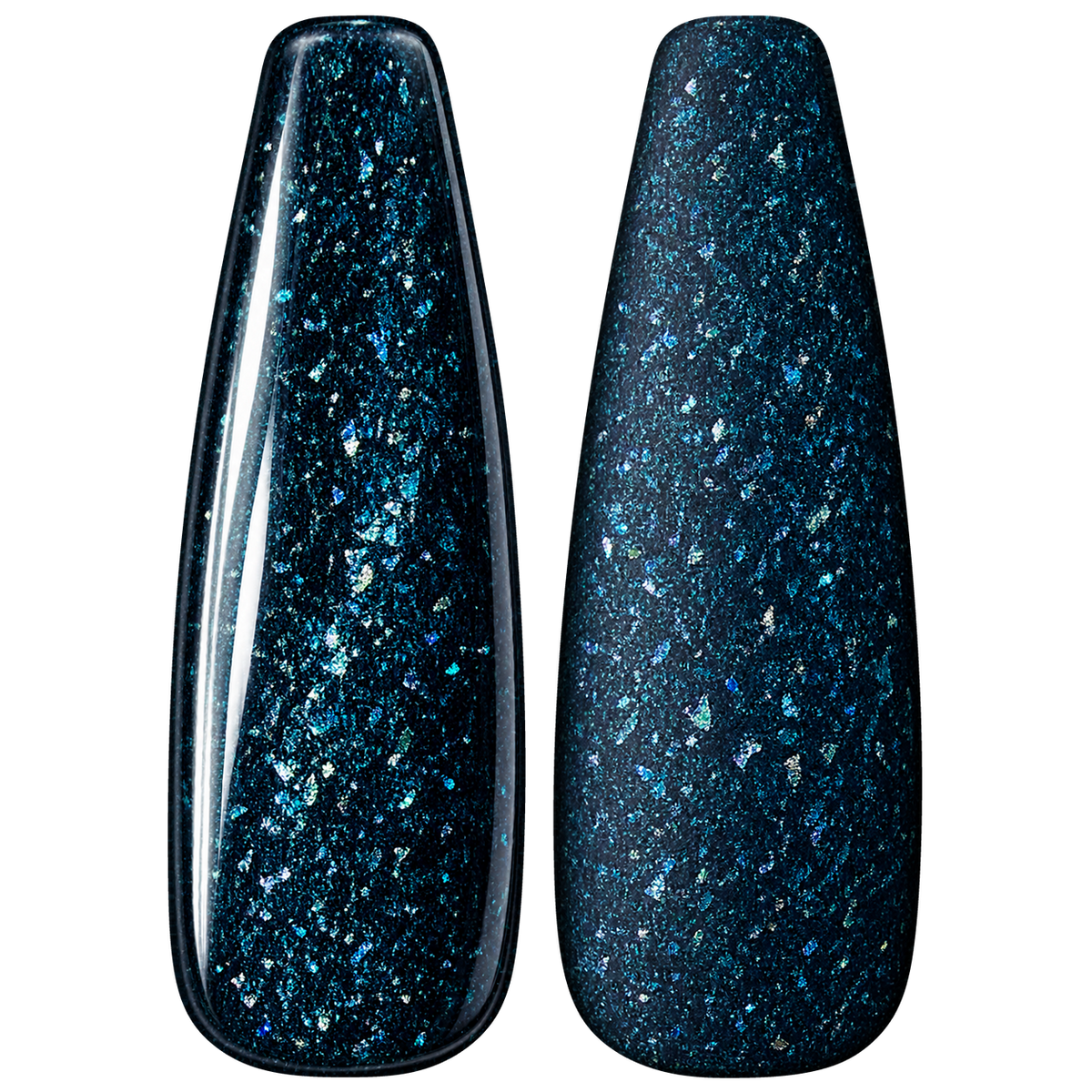 Glossy and matte Deep midnight blue nail swatches for BEMI Metal Leaf Midnight.