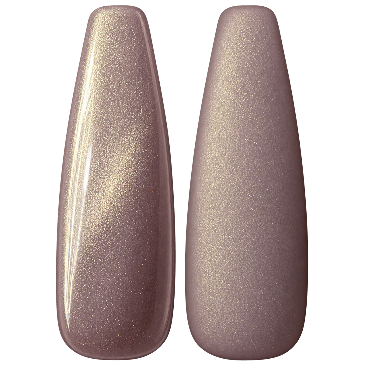 Glossy and matte Soft mauve taupe with a golden pearl sheen nail swatches for BEMI Shimmer Opulence.