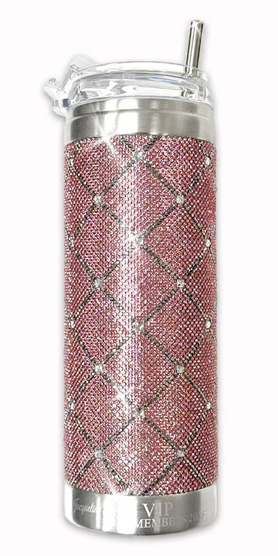 Pink glittery tumbler with silver accents on a white background