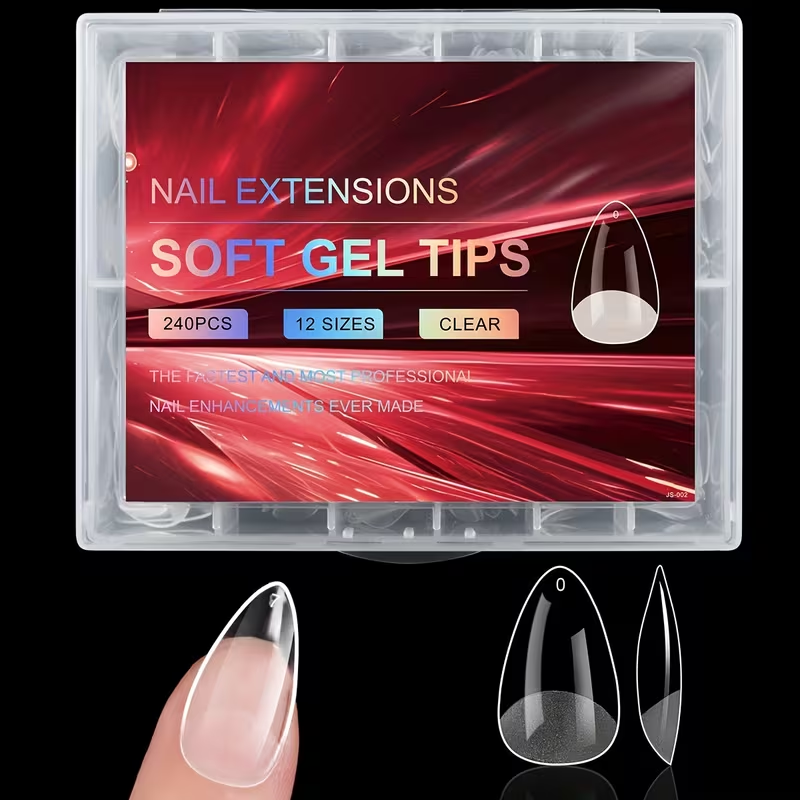 Nail extension soft gel tips packaging with a hand displaying a clear gel tip.