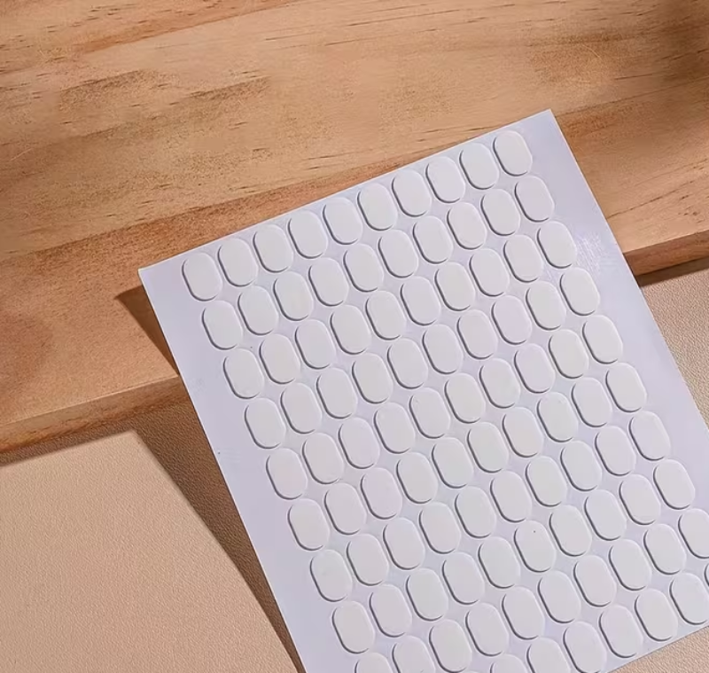 Sheet of white adhesive dots on a wooden surface
