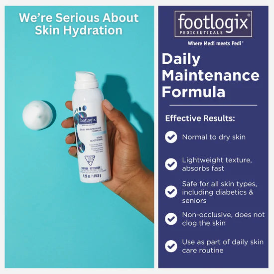 Hand holding a Footlogix bottle beside a Daily Maintenance Formula information panel.