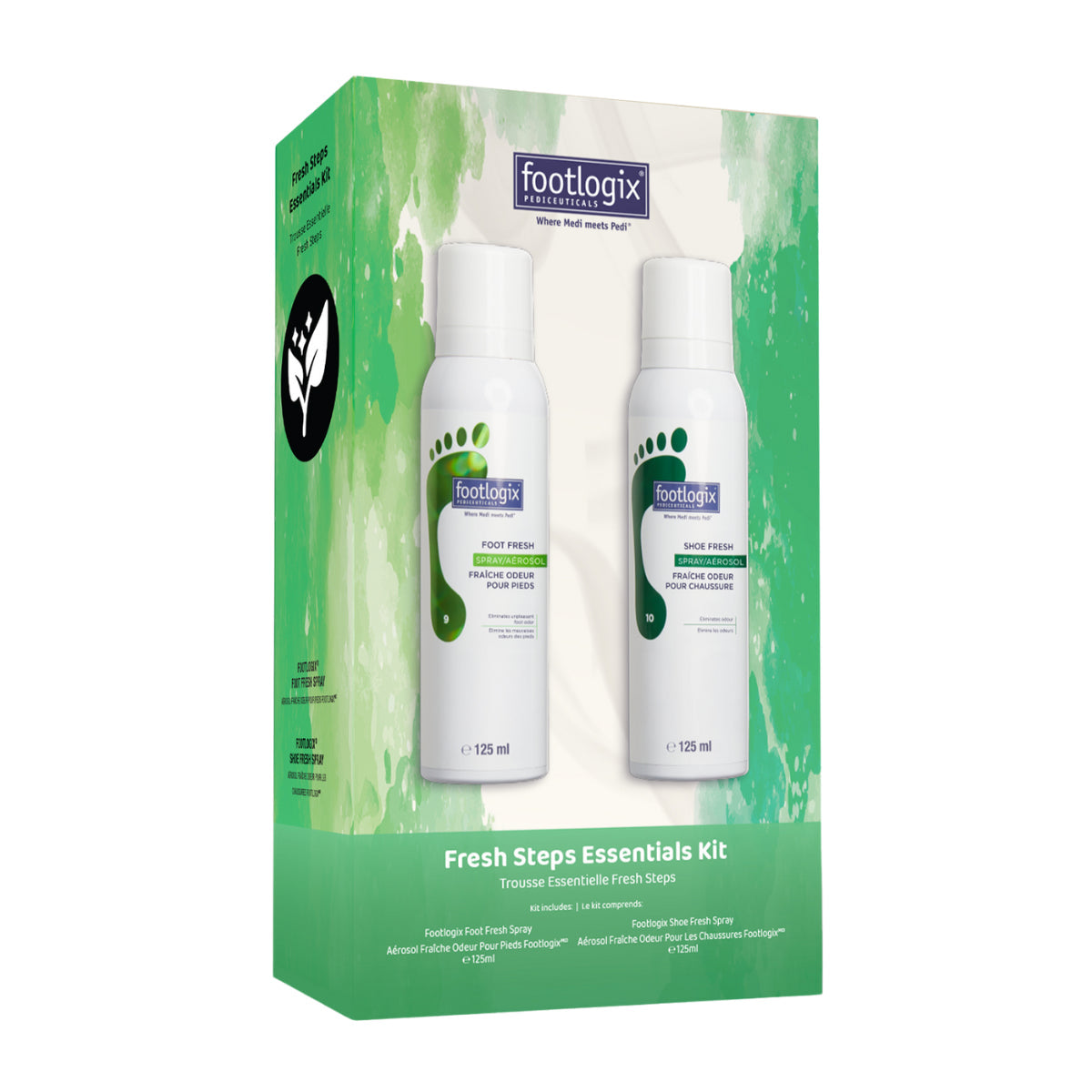 Front of the green Footlogix Fresh Steps Essentials Kit carton showing two products.