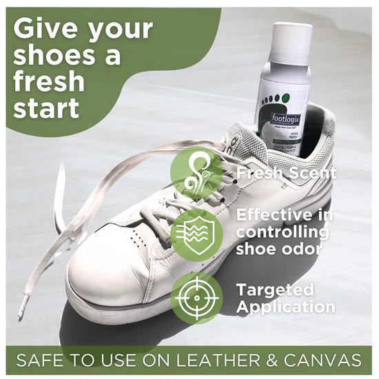Footlogix Fresh Steps graphic showing a white sneaker beside a spray bottle.