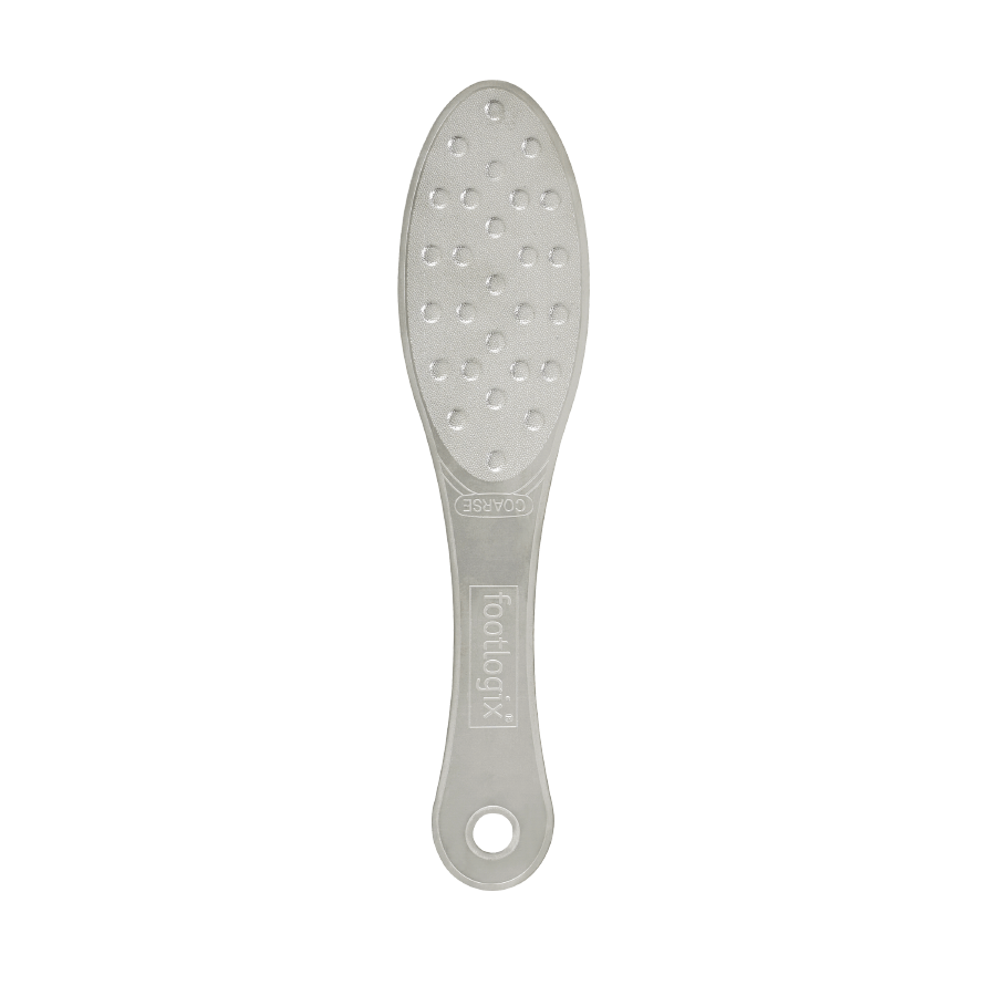Footlogix stainless steel foot file with a textured filing surface and handle.