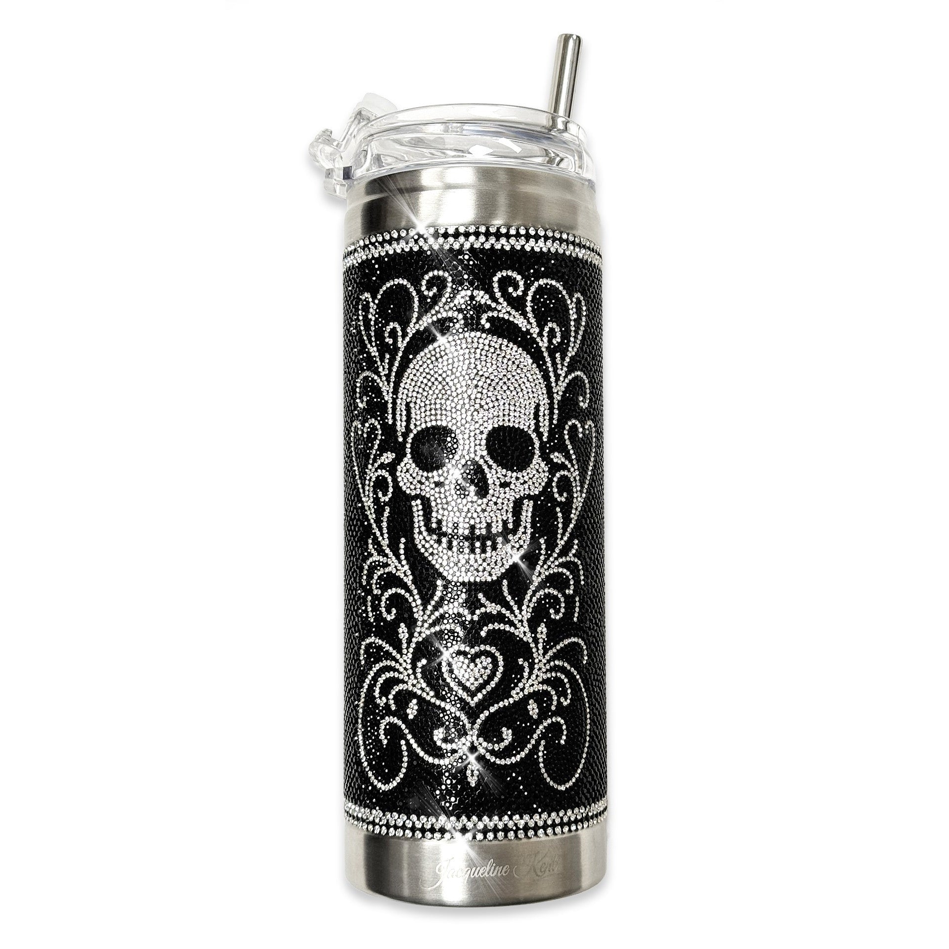Jacqueline Kent Crystal Sugar Skull Tumbler with black and silver crystal design, lid, and straw