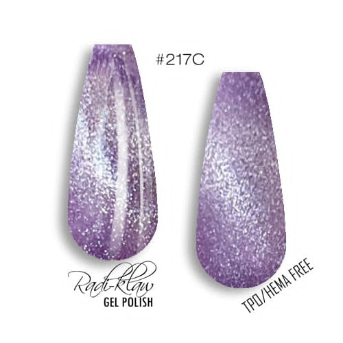 Two nail polish swatches on a white background, labeled #217C, showing a lavender-purple glitter gel polish. One swatch has a vertical glitter streak, and the other is a flat swatch.