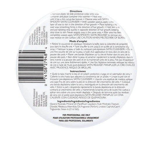 The back of a circular white plastic tube of Satin Cleaners Smooth Satin Reliner, showing product directions, mode d'emploi, ingredients, and barcode in black text.