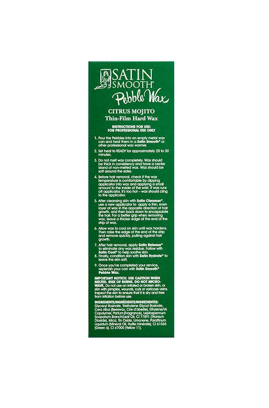 A tall, narrow green product box or package insert for Satin Smooth Poodle Wax, featuring white text with instructions and product details, set against a plain white background.