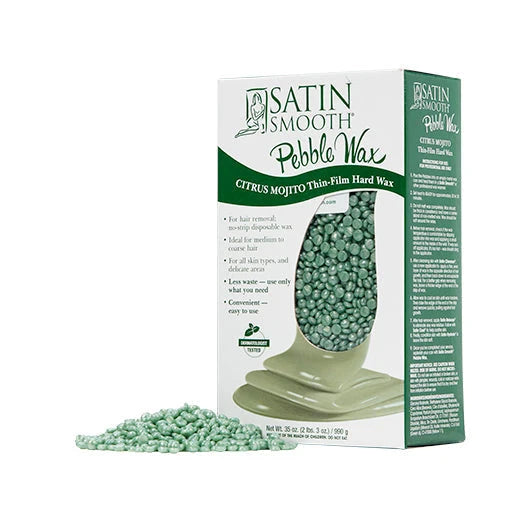 Box of Satin Smooth Pebble Wax with green wax beads on a white background