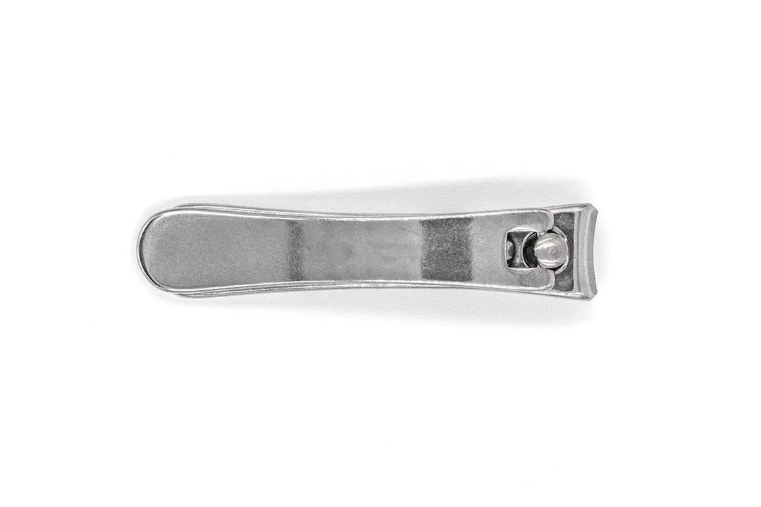 A silver metal nail clipper shown from a top-down view on a plain white background.