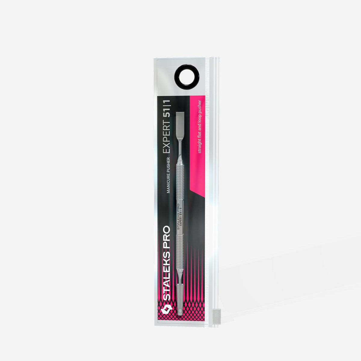 Staleks Expert cuticle pusher in a pink-and-gray retail blister pack.