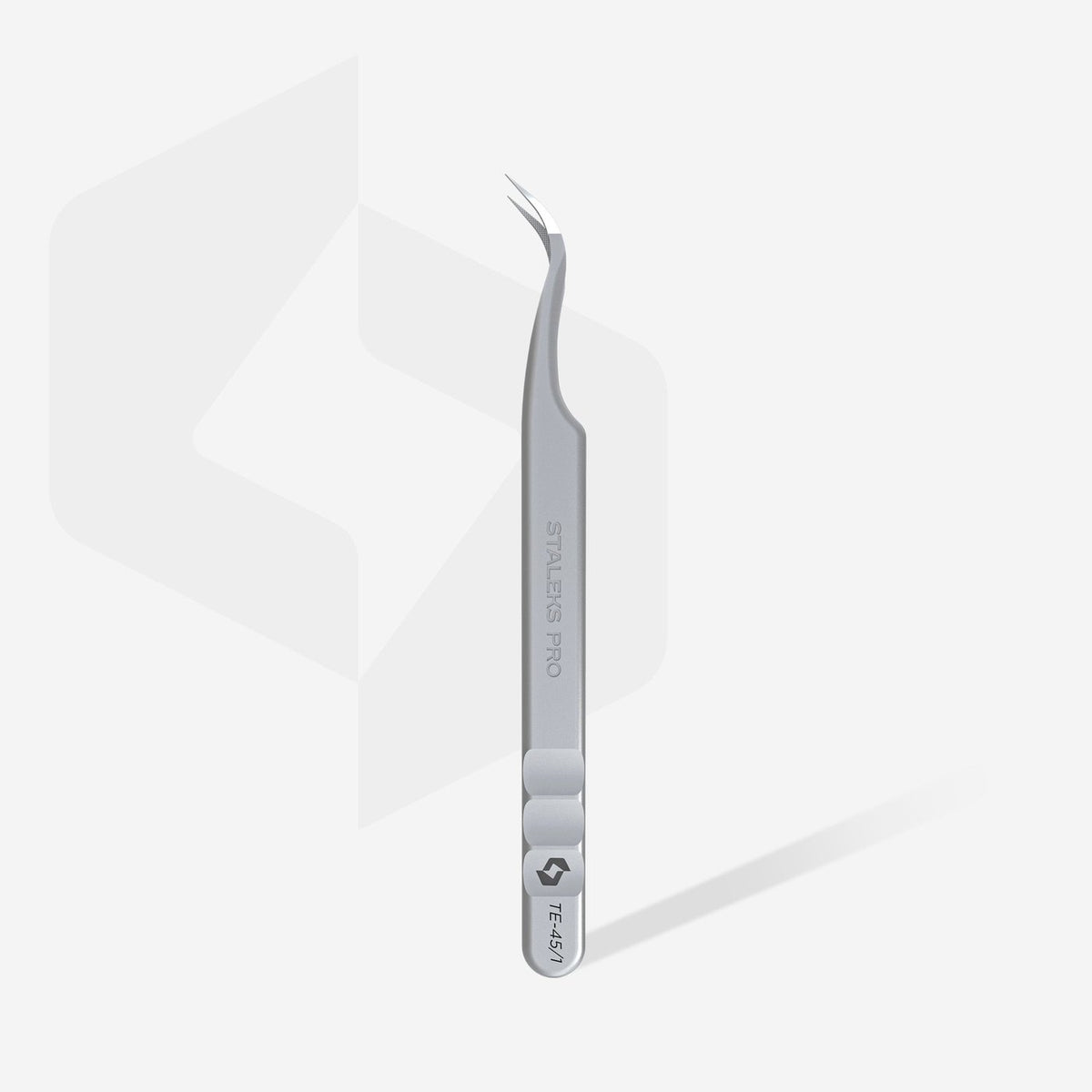 Staleks Volume Curved eyelash tweezers shown upright on a white background.