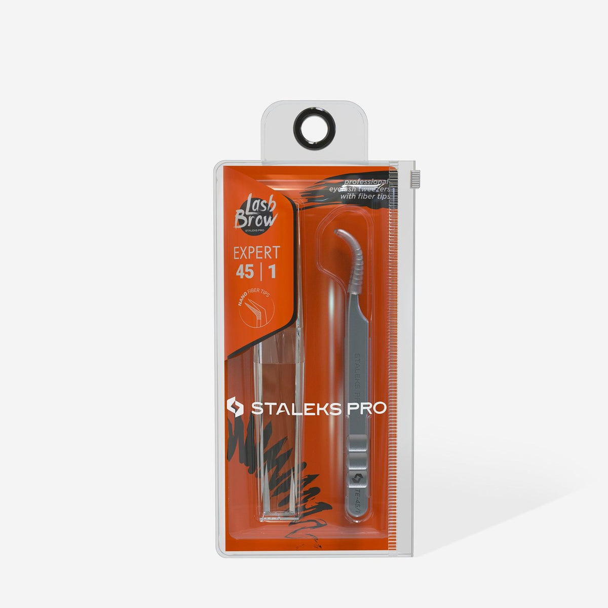 Staleks Volume Curved eyelash tweezers in a clear retail blister pack.