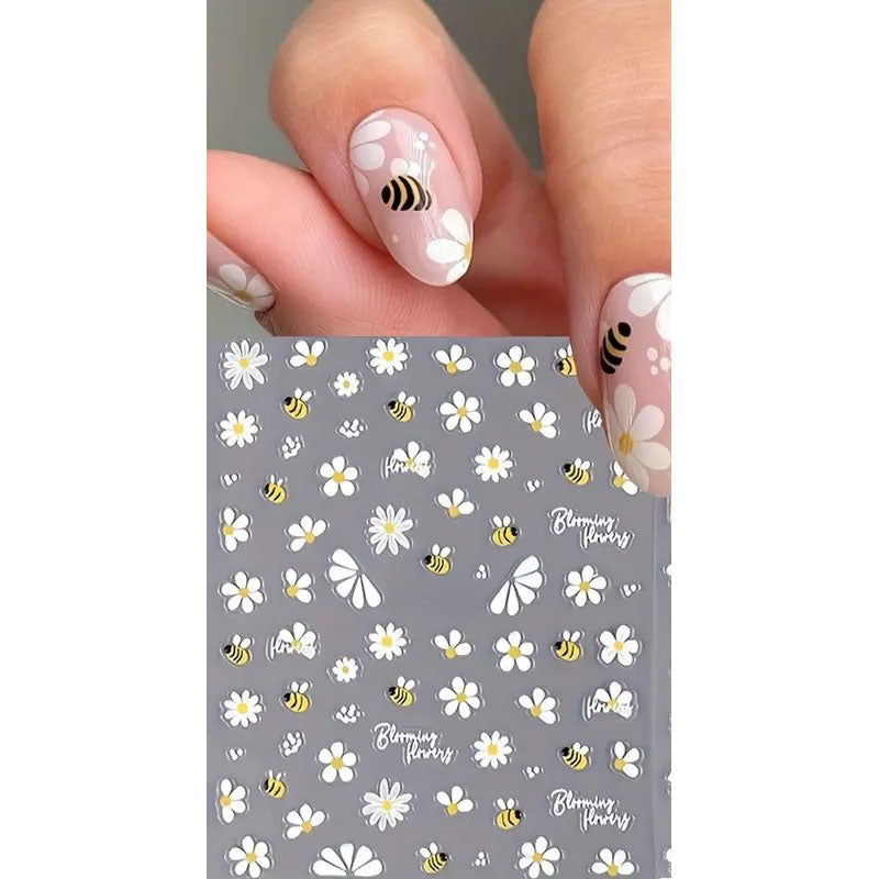 Coconoir Beauty Bees and Daisies nail decals shown with a matching manicure