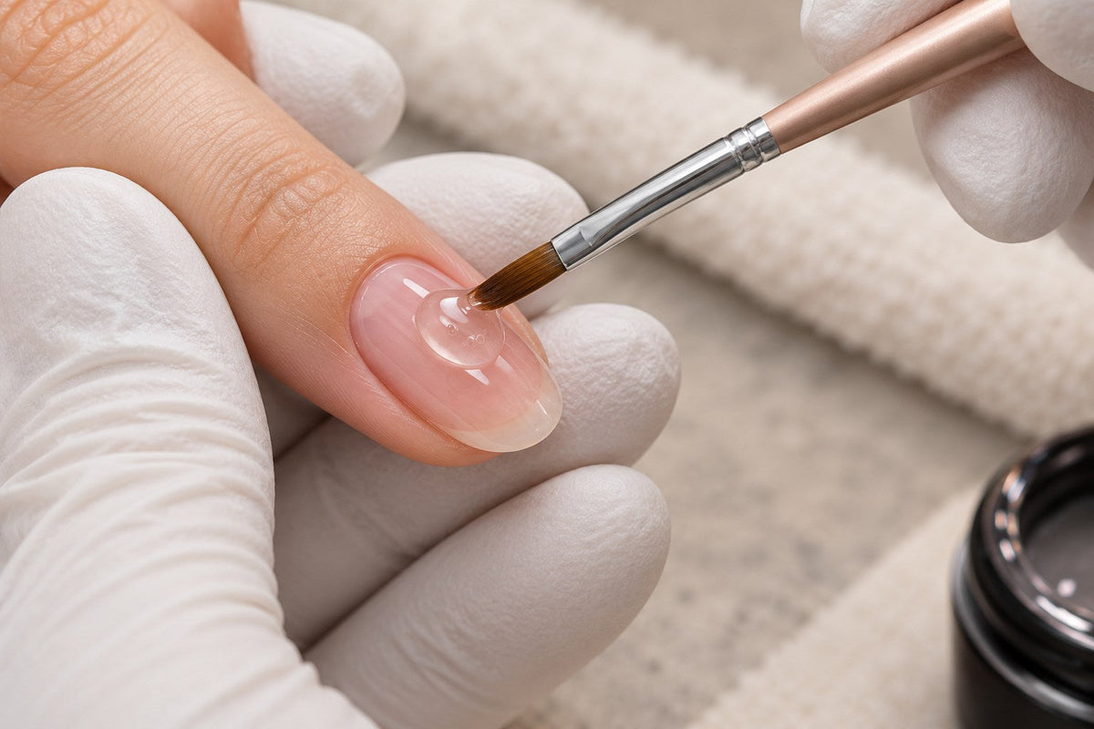 A technician guides clear builder gel with a small oval brush while checking for trapped air bubbles.