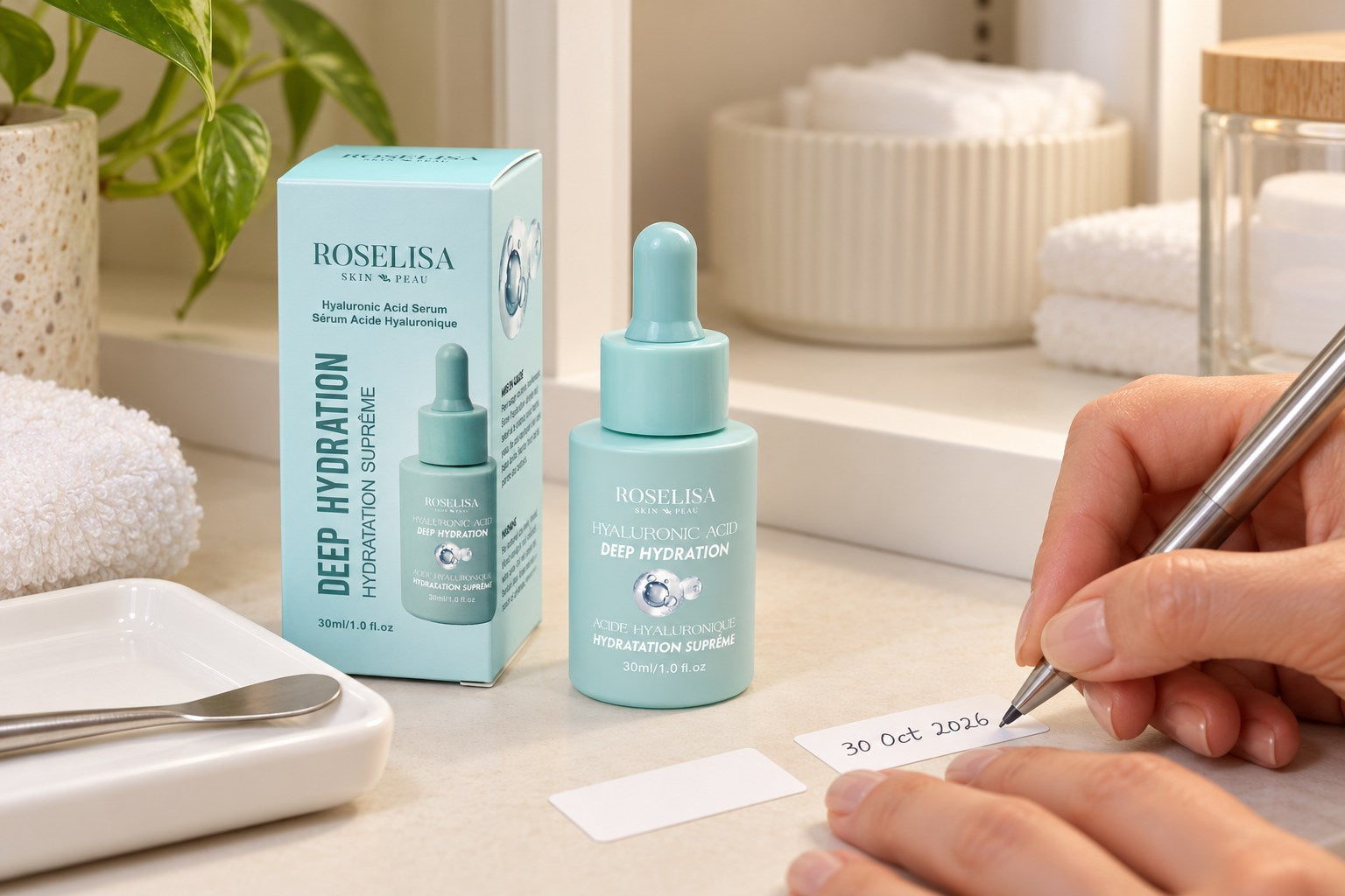 Recording a skincare product’s opening date beside a capped serum bottle