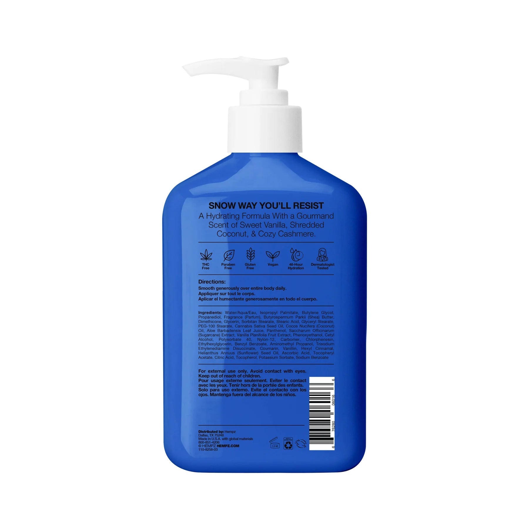 Hempz Vanilla Bean & Coconut Snowball 12oz body moisturizer rear bottle label