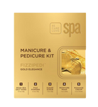 A gold-colored box for a Fizzipedi Manicure & Pedicure Kit by Be Care Love Spa, featuring five included steps: Dead Sea Salt Soak, Fizz Powder, Sugar Scrub, Moisture Mask, and Massage Cream.