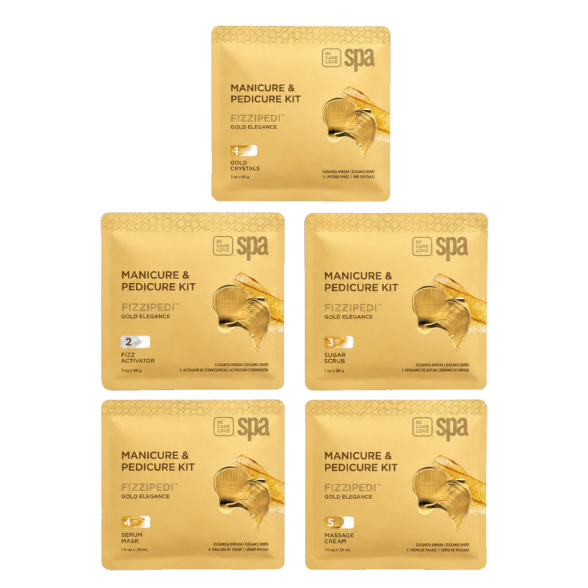 Six gold-colored Fizzipedi+ Manicure & Pedicure Kit single-use packet sachets arranged in a grid on a light gray background.