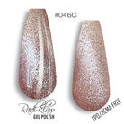 Two almond-shaped nail tips displaying a glittery nude-pink gel polish with silver shimmer, labeled #046C. The left tip shows the polish applied, while the right tip shows the bare glittery base.