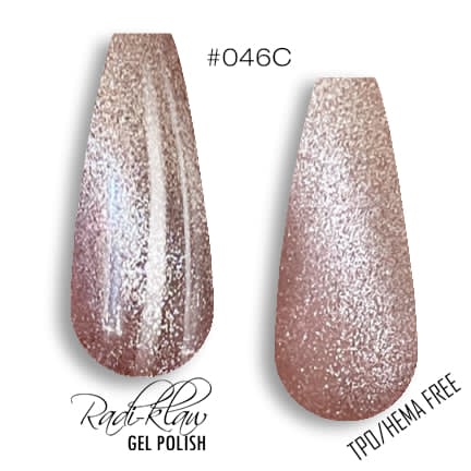 Two almond-shaped nail tips displaying a glittery nude-pink gel polish with silver shimmer, labeled #046C. The left tip shows the polish applied, while the right tip shows the bare glittery base.