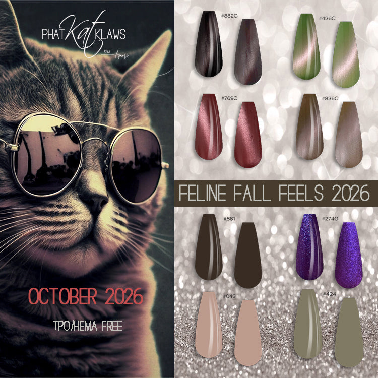 Phat Kat Feline Fall Feels 2026 poster with brown gel polish #881 and seven other shades