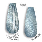 Two nail polish swatches on a white background, labeled #324C, showing a light icy blue glitter gel polish. Text at the bottom reads 'Root Claw GEL POLISH' and 'TPD/HEMA FREE'.