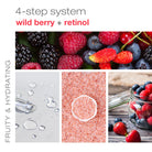 Collage of wild berries with text '4-step system wild berry + retinol' and product images.